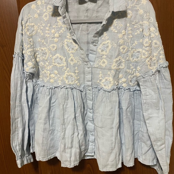 Zara Embroidered Light Blue Floral babydoll Blouse with balloon sleeves Size M - Picture 3 of 3